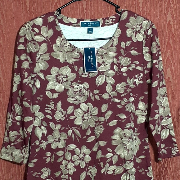 KAREN SCOTT SPORT FLORAL WOMEN'S SIZE PS HALF SLEEVE BURGUNDY NWT - Picture 1 of 10
